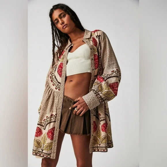 🆕Free People ‘Smell The Roses’ Button Down Mini Shirt Dress Sz M